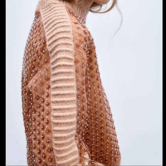 NWT ZARA taupe brown SEQUINED KNIT SWEATER - Picture 4 of 10